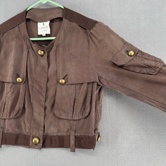 Lanvin en Bleu Silk Cropped Jacket Womens 38 Brown Full Zip Soft Luxury Chic - Picture 3 of 16